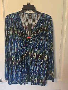 Rafaella Blue Multi V-Neck Patterned Top. NWT.